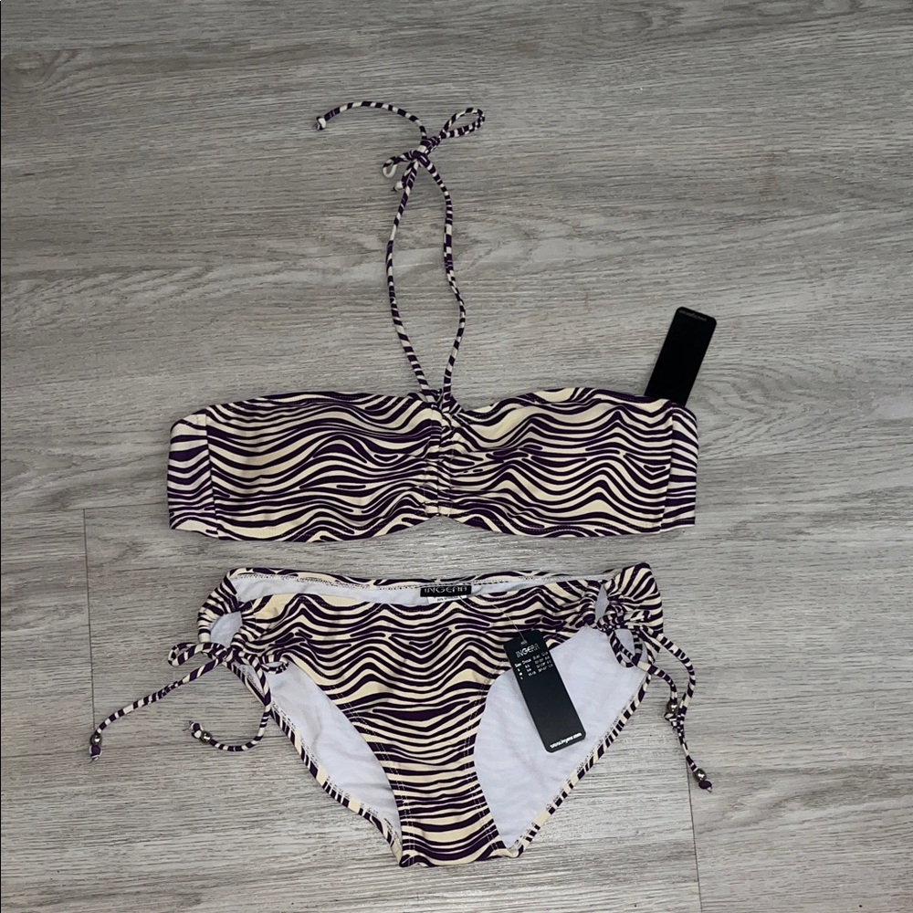 NWT! Ingear Purple & Cream Zebra Print Bandeau Bikini Set Small